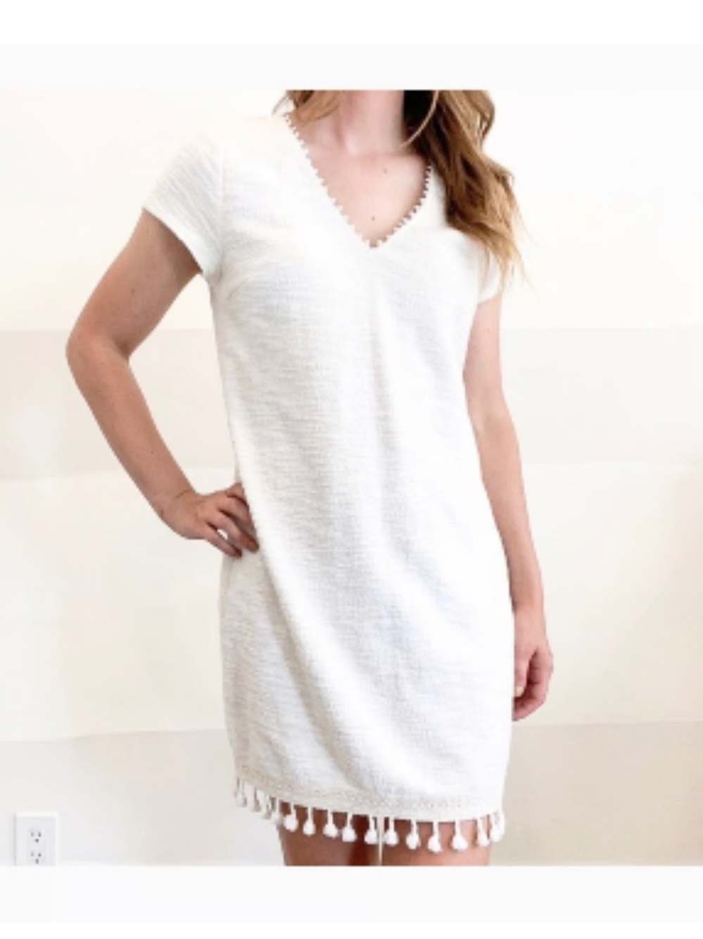 Dolan Anthropologie Cream V-Neck Textured Shift Dress with Pom Trim